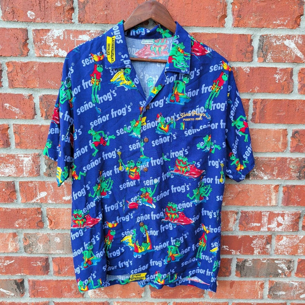 Senor Frog's Button Down Shirt Mens L Blue Puerto Rico All Over Print Vintage